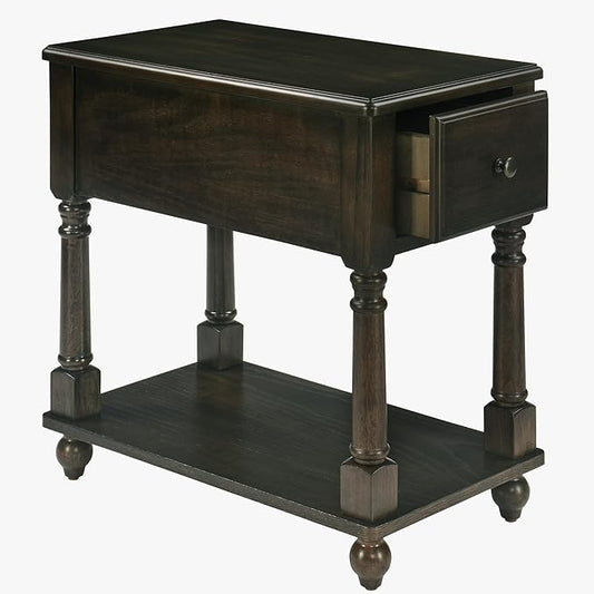 LEEMTORIG Solid Wood End Table Narrow Side Table with Drawer, Cherry Wood End Table Living Room, 13" W Slim Bedside Table Small Nightstand, 22" D x 22.7" H, No-Tools Assembly, Rustic Black BBJ-004-BK