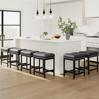 MALOL Set of 4 Saddle Bar Stools Counter Height 24.4”, Backless Barstools for Kitchen Island, Modern PU Leather Cushioned Seat, Bar Chairs for Kitchen Counter, Breakfast Bar Stools for Home,Black