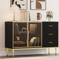 Buffet Sideboard Cabinet with Storage, 46.4" Large Fluted Kitchen Sideboard Cabinet with 2 Glass Doors 3 Drawers and Shelves, Faux Marble Top Buffet Table for Dining Room, Living Room, Black