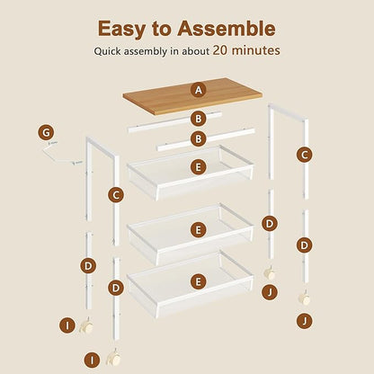 Hoctieon Rolling Storage Cart, 4-Tier Wide Panel Rolling Kitchen Storage Cart, Utility Cart with Handle & Wheels, Mobile Shelving Unit, Metal Frame Narrow Cart for Home Kitchen, Laundry, Oak Beige