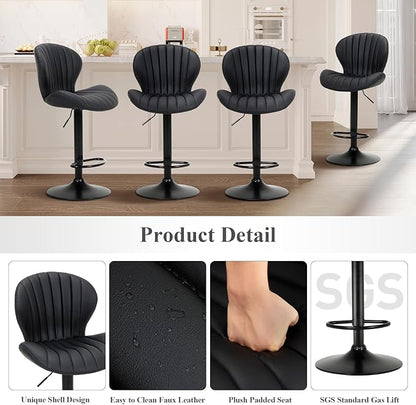 COLAMY Bar Stools Set of 6, Modern Swivel Bar Chairs, Adjustable Faux Leather Upholstered Barstools Counter Height with High Backrest for Bar, Kitchen Island, Dining Room, Black