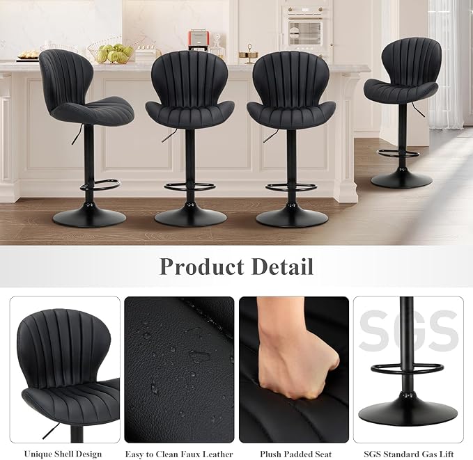 COLAMY Bar Stools Set of 2, Modern Swivel Bar Chairs, Adjustable Faux Leather Upholstered Barstools Counter Height with High Backrest for Bar, Kitchen Island, Dining Room, Black