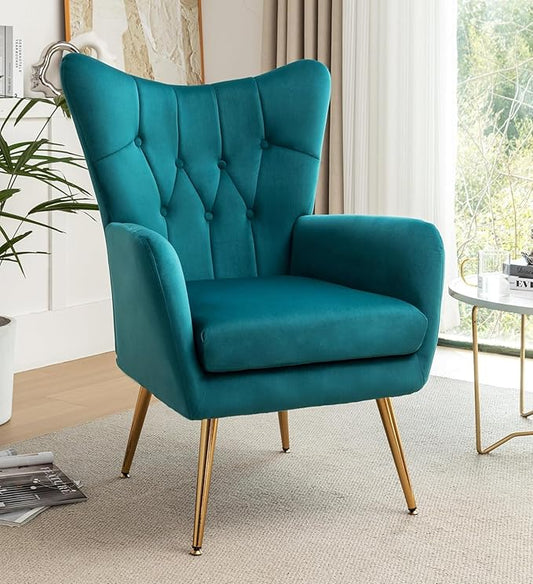 Container Furniture Direct Modern Chic Mid-Century Velvet Accent Armchair for Living Room, Bedroom, or Home Office, Button-Tufted Wingback Design with Gold Flared Legs, Dark Teal