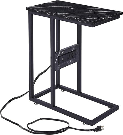 VECELO C Shaped End Side Table with Charging Station & Power Outlets for Couch Sofa/Bed Snack TV Tray with Metal Frame for Living Room Bedroom 1 Set, Black Marble