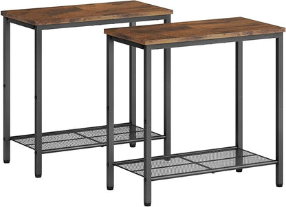 Hoctieon 2 Tier End Table, Sofa Side Table, Narrow Side Table with Storage, Slim Nightstand for Small Spaces, Metal Frame, for Living Room, Bedroom, Sofa Couch, Hall, Rustic Brown, 2 Set