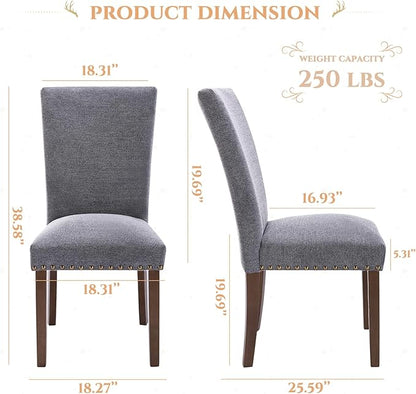 Parsons Dining Chairs Set of 6, Upholstered Nailhead Dining Room Kitchen Side Chair with Thick Cushions and Wood Legs, Dark Grey