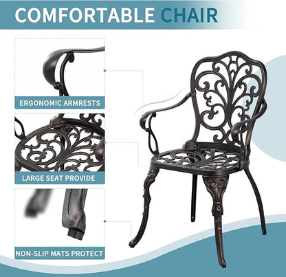 Outdoor Bistro Table and Chairs Set of 2 Cast Aluminum Patio Bistro Set with Umbrella Hole, All Weather Bistro Table Set for Garden, Suitable for All People, Bronze