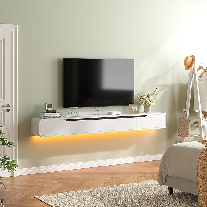 Fully-Assembled Floating TV Stand with Drawers, 55IN High Gloss Wall Mounted Entertainment Center, Modern Media Console with Storage, Under TV Shelf for Bedroom Living Room White
