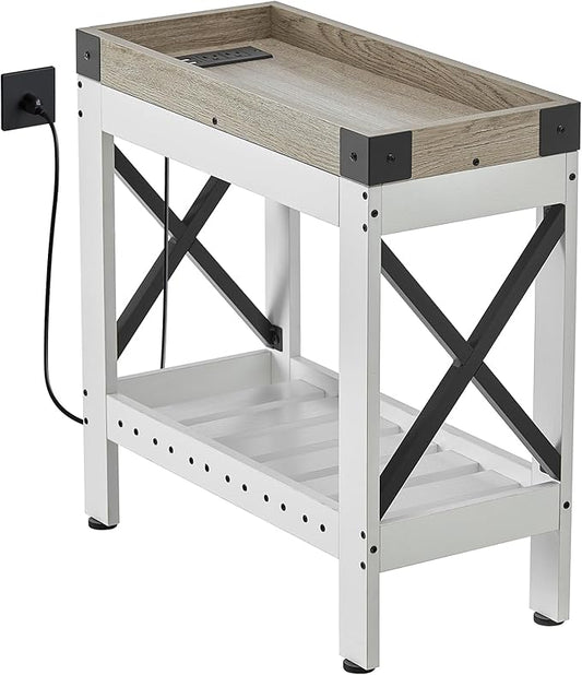 Narrow Side Table, Farmhouse End Table with Charging Station for Small Spaces, with 2 USB and 2 Power Outlets, 21.7" L x 10" W x 21.7" H