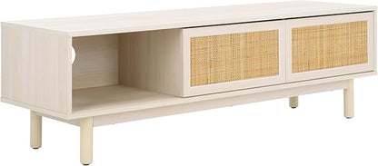SAFAVIEH Aino TV Stand for up to 60" Flatscreen – Bleached White & Natural Rattan, 2 Sliding Doors with Interior Storage, 1 Open Shelf, Entertainment Media Console (MED9619C)