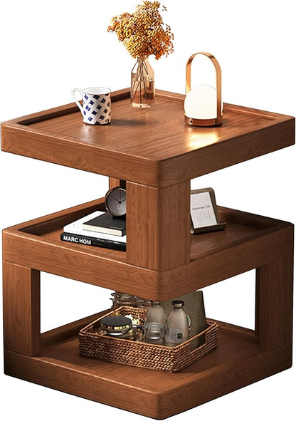 Nightstand Bedside Table with 3-Tier Storage, Modern Solid Rubberwood End Side Table for Bedroom Living Room,Original Wood Color Walnut (13.7" D x 13.7" W x 21.2" H)