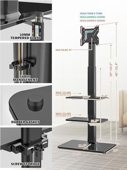 Universal Floor TV Stand with Mount for 19 to 43 inch Flat Screen TV, 100 Degree Swivel,Adjustable Height and Tilt Function, 3 Shelves Space Saving Standing TV Mount for Bedroom Living Room Corner