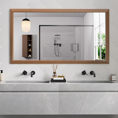 Amorho 72 X32 Inch Bathroom Mirror for Wall, Walnut Wood Grain Metal Framed Mirror, Anti-Rust, Hang Horizontally/Vertically, Suitable for Bedroom, Farmhouse, Bathroom, Decorative
