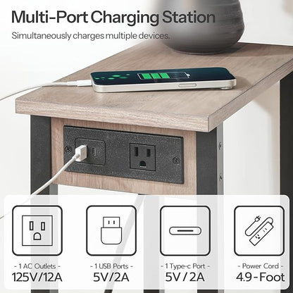HOOBRO Small End Table with Charging Station, Set of 2, Narrow Side Table with USB Port and Outlets, Skinny Sofa Table, Slim Nightstand, Living Room, Bedroom, Greige and Black BG240UBZP201