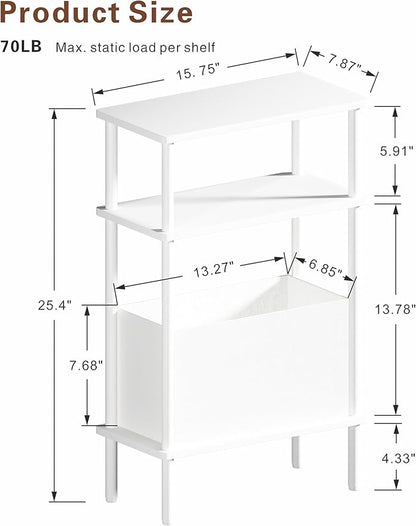 Narrow Side Table with Fabric Basket, End Table for Small Spaces, Slim Nightstand with 3-Tier Storage Shelf, Sofa Beside Table, for Living Room, Bed Room, Natrual White