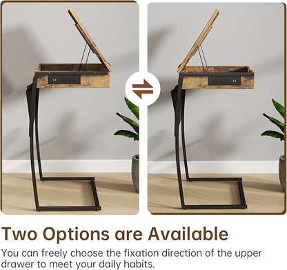 Hadulcet TV Tray Tables, Laptop Stand for Couch, C Shaped End Table with Charging Station, Couch Tables That Slide Under, Bed Desk for Eating, Couch Desk for Laptop, Rustic Brown