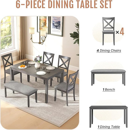 6-Piece Wooden Dining Table Set, Dining Table Set for 6, Including 1 Dining Table, 4 Upholstered Chairs and 1 Bench, Wooden Legs Dining Table, Table Set for Dining Room, Grey