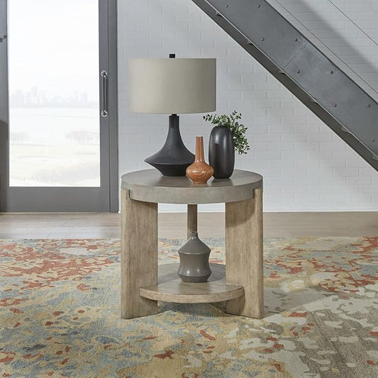 Liberty Furniture Affinity Round End Table for Living Room - Dusty Taupe Faux Concrete Tops