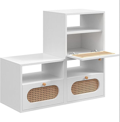 3-in-1 Modular TV Stand with Rattan Doors, DIY Media Console Boho Entertainment Center Modern TV Cabinet with Open Shelves,White