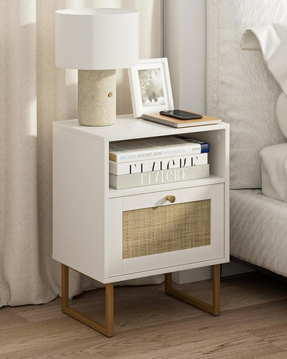 Masupu Extra Large Rattan Nightstand,Boho Night Stand Modern Farmhouse Wood Bedside Table with Storage Drawer and Open Shelf,Side End Table for Bedroom,Living Room,Office White