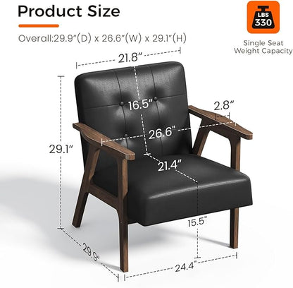 Casaottima PU Leather Accent Chair Mid Century Comfy Cozy Chair with Solid Wood Legs,Modern Arm Reading Chair with Button Tufted Back for Living Room Bedroom (Dark Black)