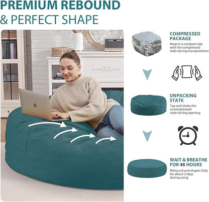 7FT Bean Bag Chair, Large Bean Bag Chairs with Memory Foam Filled, Fluffy Beanbag Sofa with Dutch Velvet Cover, Round BeanBag Chairs for Living Room, Playroom - Sea Blue
