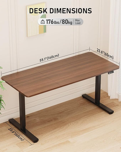 Standing Desk, Large Height Adjustable Electric Stand up Desk, 55 x 24 Inches Sit Stand Home Office Desk, with Splice Board, Black Frame/Walnut Top