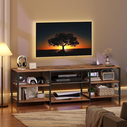 HOOBRO LED TV Stand for 75 Inch TVs with Charging Station, Gaming Entertainment Center with Open Storage, Media TV Console Table, TV Stand for Living Room, Bedroom, Rustic Brown and Black BF21UDDS01