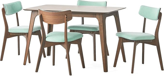 Christopher Knight Home Megann Mid-Century Wood Dining Set with Fabric Chairs, 5-Pcs Set, Natural Walnut / Mint
