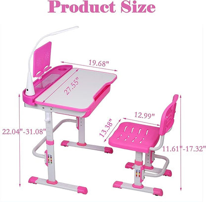 Kids Desk and Chair Set, Height Adjustable Child's School Study Writing Tables with Tilt Desktop, LED Light, Storage Drawer, Book Stand (Pink)