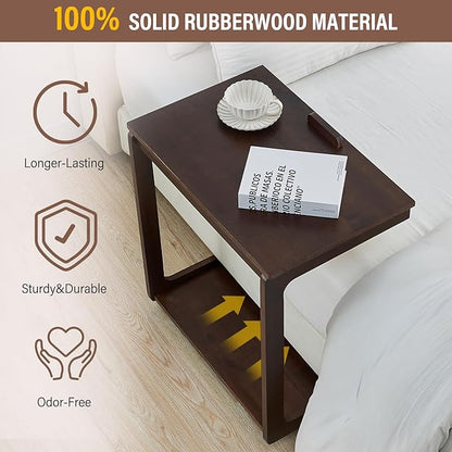 CozyDH Adjustable C Shaped End Table, Rolling Side Table Solid Wood TV Sofa Tray Table for Couch Arm Eating Multi-Purpose, Small Coffee Table with Wheels Living Room Bedroom, Dark Walnut