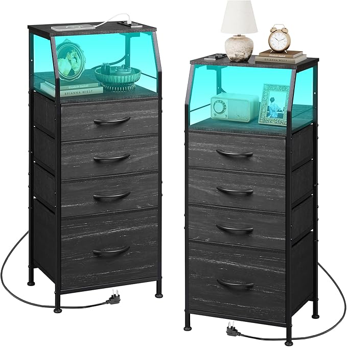 WLIVE Night Stand Set of 2 with Charging Station, Nightstand with LED Light and 4 Storage Fabric Drawers, Tall Dressers for Bedroom, Bedside Tables, Wood Shelf, Metal Frame, Black and Wood Grain Print