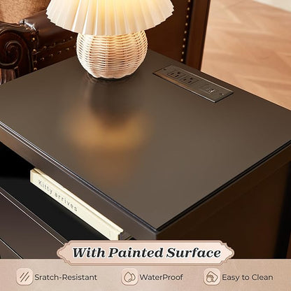 Huuger Black Nightstand Set of 2, Night Stand with Charger Station, Bedside Table with 2 Drawers, Bed Side Tables for Bedroom, Modern Nightstands, Metal Knobs, Painted Surface