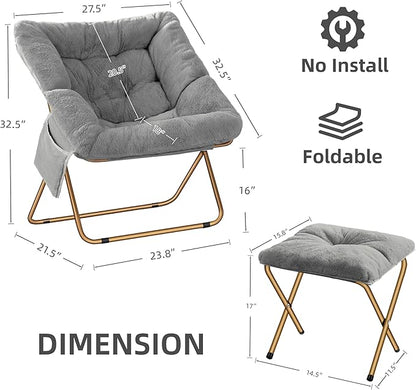 Comfy Saucer Chair for Adults, Foldable Living Room Chairs, Soft Faux Fur Lounge Chair for Bedroom, Reading Chairs, X-Large (Ottoman-Grey)