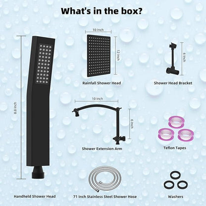 Hibbent All Metal 12'' Rainfall Shower Head, Dual Shower Head Combo, High Pressure Handheld Shower Wand, 16'' Adjustable Arc-shaped Shower Extension Arm, 71'' Hose, Showerhead Holder, Matte Black