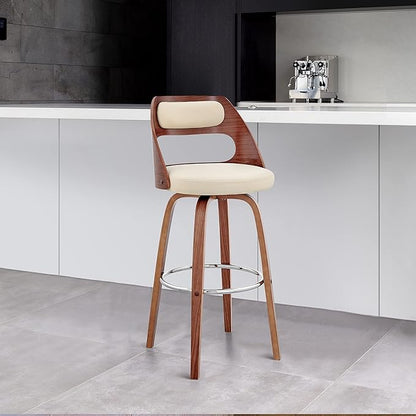 Armen Living Julius Mid Century Modern Swivel Bar Stool for Kitchen Island Counter in Cream Faux Leather and Walnut Wood, 26" Seat Height