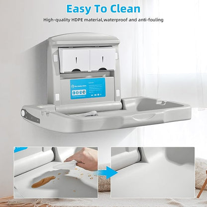 Fold-Down Baby Changing Diaper Station - Horizontal Wall Mounted, Sturdy & Durable with Safety Straps for Commercial Bathrooms(1 White Granite)