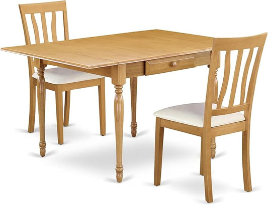 East West Furniture MZAN3-OAK-LC 3 Piece Kitchen Table & Chairs Set Contains a Rectangle Dining Table with Dropleaf and 2 Faux Leather Dining Room Chairs, 36x54 Inch, Oak
