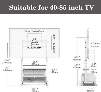 FITUEYES Rolling TV Floor Stand for 40-85in TVs, Heavy Duty Mobile TV Stand on Wheels Lockable, TV Cart with Wooden Large Storage Shelf & Pegboard Hold up to 132 lbs for Bedroom, Living Room, Office