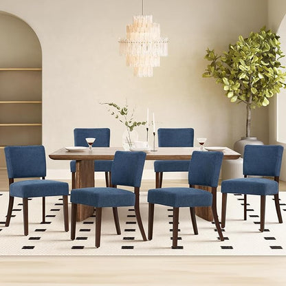 COLAMY Mid Century Modern Dining Chairs Set of 6, Upholstered Kitchen Chairs with Back, Farmhouse Fabric Side Dining Room Chairs with Wood Legs for Dining Room Kitchen Restaurant, Blue