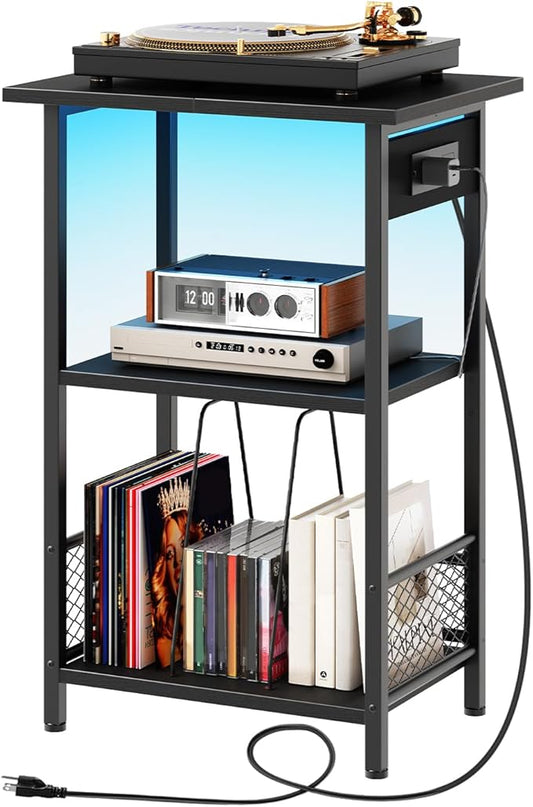 HOOBRO Record Player Stand with Charging Station and LED, Turntable Stand with Storage, 3 Tier End Table Hold Up to 100 Albums, Record Table for Vinyl, Living Room, Black BB06UDRS01