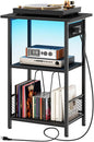 HOOBRO Record Player Stand with Charging Station and LED, Turntable Stand with Storage, 3 Tier End Table Hold Up to 100 Albums, Record Table for Vinyl, Living Room, Black BB06UDRS01