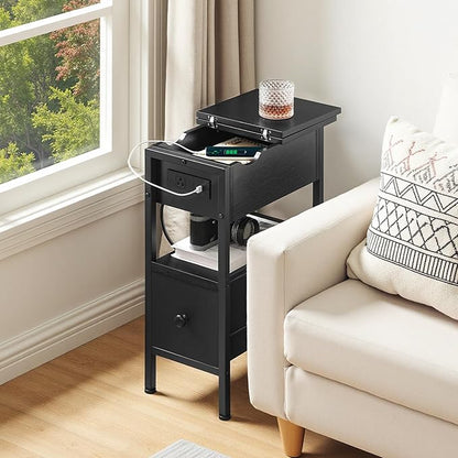 HOOBRO End Table with Charging Station, Flip Top Narrow Side Table with Storage Drawer, Slim Nightstand Bedside Tables with Shelves, for Small Space, Living Room, Bedroom, Black BK343UBZ01G1
