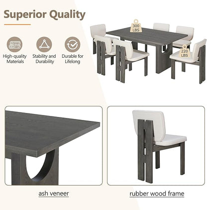 Ball & Cast 7-Piece Dining Table Set for 6 People, 59" Wood Dining Kitchen Table & Chairs Set, Dining Room Table with Trestle Base and 6 Upholstered Chairs, Perfect for Dining Room,Grey