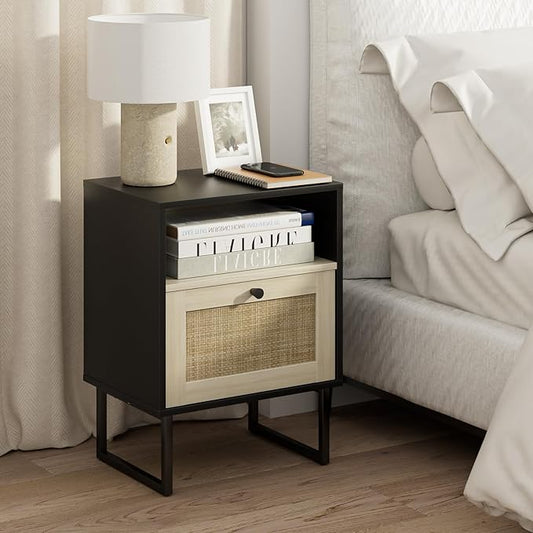 Masupu Boho Night Stand, Small Rattan Side Table, Wood Nightstand with Drawer and White Oak Shelf, Bedside Table, End Table for Bedroom,Living Room,Office (Black Frame)