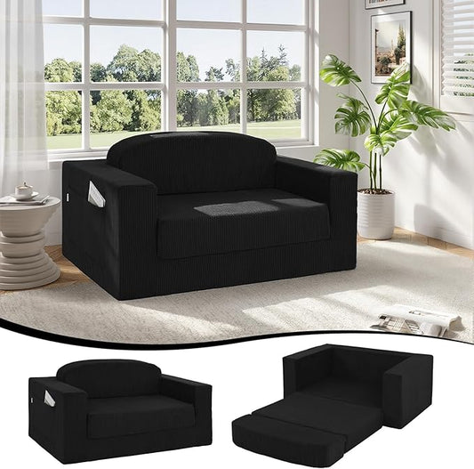 MeMoreCool Convertible Sofa Bed, Pull Out Loveseat Sleeper Sofa, Small Boneless Cloud Couch Bed for Adults, Fold Out Foam Love Seat Black, Corduroy Folding Floor Couch for Bedroom