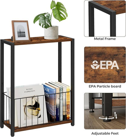 Narrow Side Tables Set of 2 with Magazine Holder, Skinny End Tables Perfect for Small Spaces, Space-Saving Design for Living Room, Bedroom, or Office, 7.1" D x 16.9" W x 23.6" H, Rustic Brown
