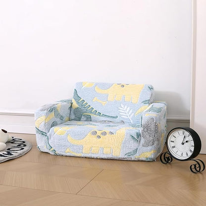 Foldable Kids Sofa Extra Wide for 2 Seats,Soft Kids Fold Out Couch Glow in The Dark,Convertible Sofa to Lounger Toddler Sofa Chair(Dinosaur)
