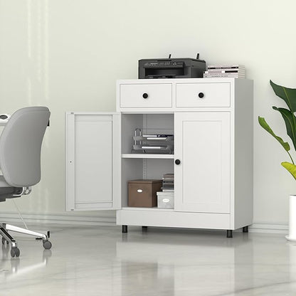 Metal Storage Cabinet with 2 Drawers and Adjustable Shelf, Sideboard Buffet Cabinet for Home, Office, Hallway, Entryway, Living Room, Kitchen Pantry and Dining Room (34.8" H, with Feet, White)
