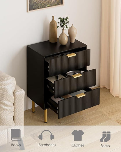 Night Stand,Tall Bedside Table with 3Storage Drawers,White Nightstand,Bedside Furniture,Side Table with Gold Frame,End Table for Bedroom,Living Room (Modern-3drawers, Black.)
